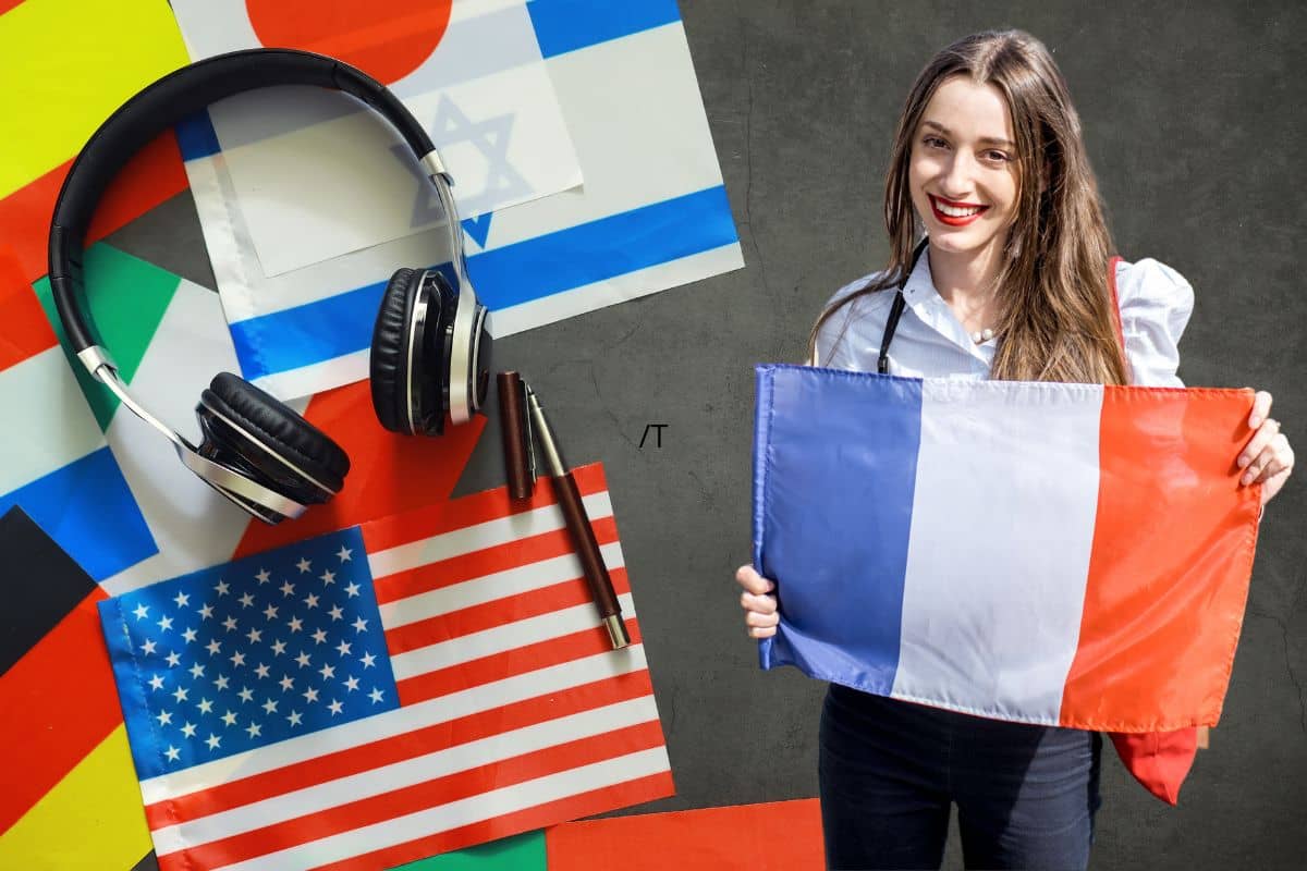 Femme tenant un drapeau français avec divers drapeaux et un casque audio en arrière-plan.