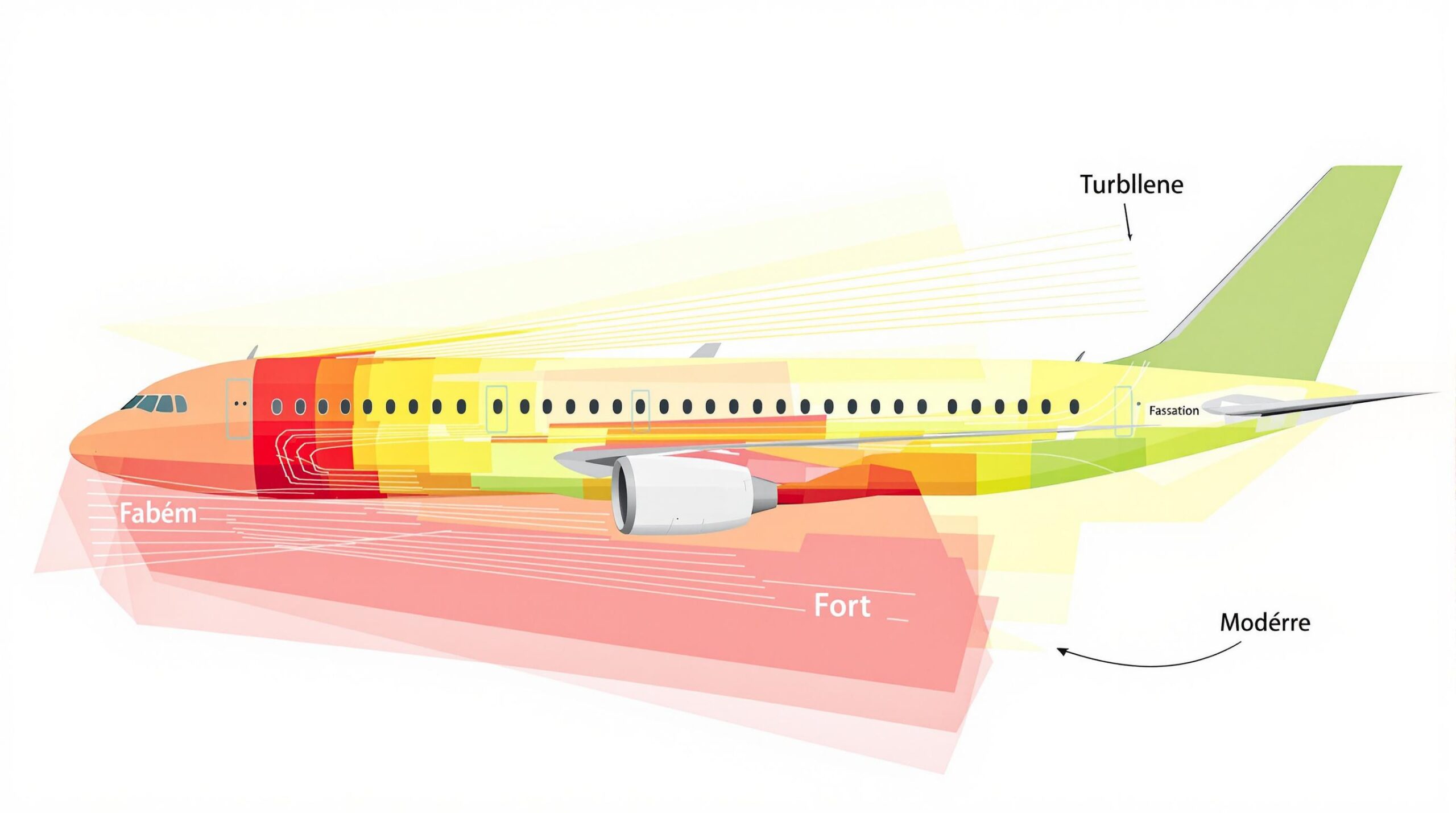 Une illustration schématique d'un avion en coupe transversale, montrant les différentes zones (avant, milieu, arrière) et la manière dont les turbulences sont ressenties différemment dans chaque zone. Utiliser des couleurs vives pour indiquer l'intensité des turbulences (vert = faible, jaune = modéré, rouge = fort).