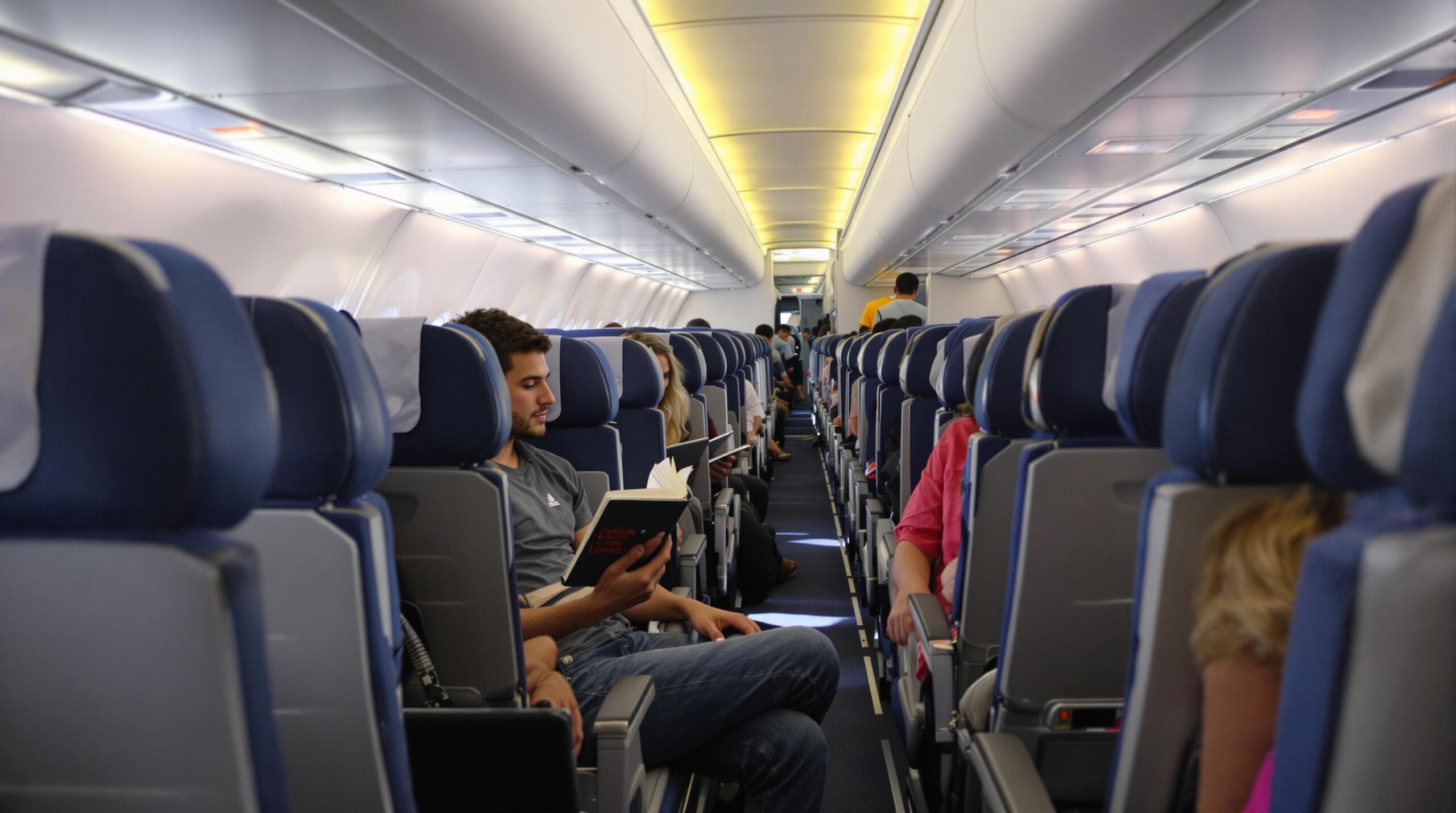 Une photographie grand angle de l'intérieur d'un avion, montrant une allée avec des passagers assis à des sièges hublot, milieu et couloir. L'image met en évidence les différences d'espace, de vue et d'accès entre les sièges. L'éclairage est naturel, venant des hublots.